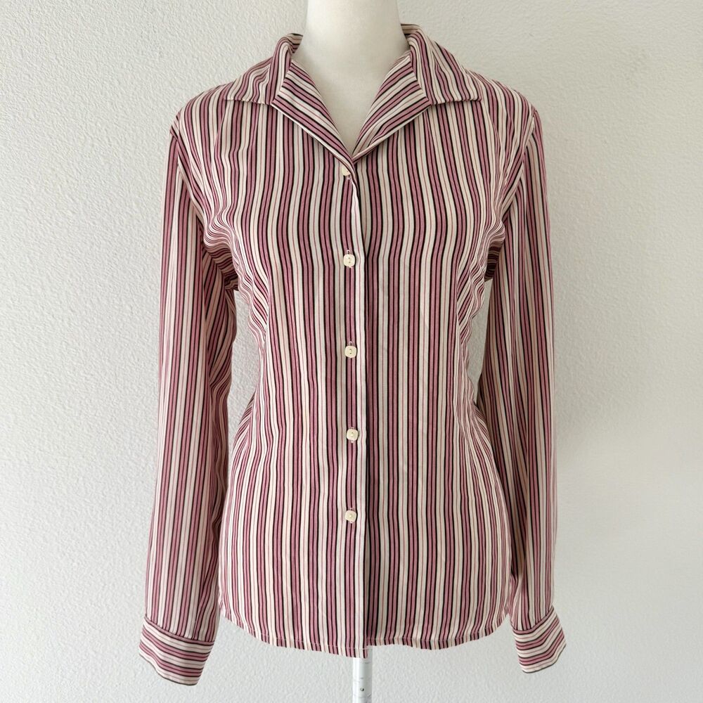 90s Pink/White Collared Slinky Button Up Blouse Office Siren Corporate Preppy S